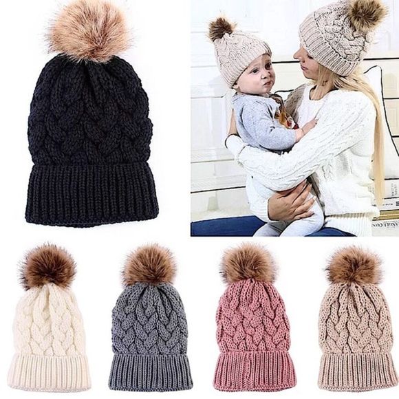 MOM & BABY Pink Crochet Cable Knit Pom Pom Beanie Winter Hats - Picture 3 of 8